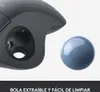 Close-up of a trackball mouse component and its ball, with descriptive text at the bottom. Anteprima dell’immagine prodotto