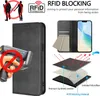 A product image showcasing a black leather phone case with RFID blocking technology, featuring diagrams and text explaining its features. Produktbild-Vorschau
