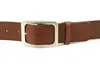 A close-up shot of a brown leather belt with a silver buckle against a white background. Produktbild-Vorschau