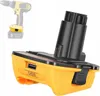 A product shot of a battery adapter with a USB port, with a silhouette of a drill and battery in the background. Náhľad obrázku produktu