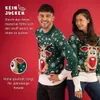 A man and a woman wearing matching Christmas sweaters with reindeer designs, posing against a red background. Text overlays describe the product's features. Produktbild-Vorschau