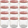 A grid of empty glass jars with red and white checkered lids. Voir les images du produit