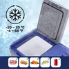 A portable cooler box with its lid open, showing the interior, with graphics and text indicating temperature range and items that can be stored. Produktbild-Vorschau
