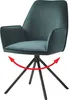 A green velvet armchair with black legs, shown from a slightly elevated angle against a white background. Red arrows indicate the chair's swivel and auto-positioning feature.