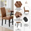 A brown dining chair with black legs is shown in a room setting, with close-up diagrams highlighting its features. Produktbild-Vorschau