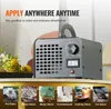 A VEVOR ozongenerator is shown on a table with a bouquet of flowers. Below the ozongenerator are six smaller images illustrating different odor sources. Produktbild-Vorschau