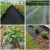 A collage of four images showing different applications of landscape fabric in gardening and agriculture. Voir les images du produit