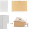 A collage of images showing a white picture frame from different angles, including a close-up of its side and a diagram with dimensions. Produktbild-Vorschau