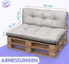 A gray pallet cushion set is shown on a wooden pallet base, with dimensions indicated by lines and text. Náhľad obrázku produktu