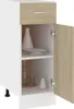 A white and wood grain cabinet with an open door, showing shelves with dishes and bottles. Podgląd zdjęcia produktu