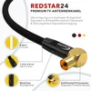 A close-up of a black TV antenna cable with gold connectors, featuring diagrams and text highlighting its features. Produktbild-Vorschau