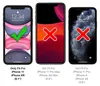Three iPhone screens showing compatibility information for a screen protector. Produktbild-Vorschau