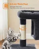 A cat is scratching a thick post on a cat tree, with text highlighting the post's thickness and strength. Produktbild-Vorschau