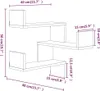 A diagram showing the dimensions of a set of wall-mounted corner shelves. Náhľad obrázku produktu