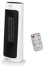 A white tower heater with a black mesh front and a remote control are shown against a white background. Podgląd zdjęcia produktu