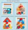 A collage of four images showcasing different gameplay features of a wooden toy toolbox. Produktbild-Vorschau