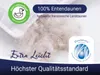 Close-up of loose down feathers with marketing text and logos. Produktbild-Vorschau