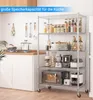 A kitchen scene featuring a metal shelving unit filled with various kitchen appliances and food items. Produktbild-Vorschau