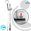 A shower set with a hand shower, hose, and wall bar, with a close-up inset highlighting an adjustment feature. Produktbild-Vorschau