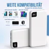 A marketing image showing two white power banks with a digital display, surrounded by icons of compatible devices like smartphones, earphones, speakers, and smartwatches. Produktbild-Vorschau