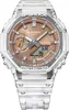 A close-up, front-facing studio shot of a transparent Casio G-Shock watch with a rose gold dial. Voir les images du produit