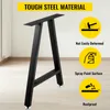 A black metal table leg is shown in a room with a light-colored floor and wall. There are three yellow circles with icons and text describing the product's features. Voir les images du produit