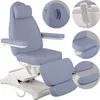 A light blue cosmetic chair with a white base, shown from a diagonal front view. Multiple close-up insets highlight specific features of the chair. Produktbild-Vorschau