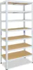 A white metal shelving unit with wooden shelves against a white background. Anteprima dell’immagine prodotto