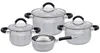 A set of four stainless steel pots with glass lids and black handles, arranged on a white background. Podgląd zdjęcia produktu