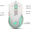 A white gaming mouse with green LED lighting, with labels pointing to different buttons and features. Produktbild-Vorschau