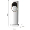 A white standing fan with gold accents and a digital display, shown with dimensions. Podgląd zdjęcia produktu