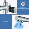 Collage of images showing a kitchen faucet, its internal components, and a close-up of the aerator with air bubbles. Produktbild-Vorschau
