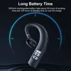 A black Bluetooth earbud with a digital display is shown against a dark background with a blue circular graphic. Voir les images du produit