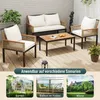 A patio furniture set displayed on a wooden deck, with smaller images showing potential use cases in a garden, on a balcony, and in a grassy yard. Anteprima dell’immagine prodotto