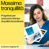 A young woman is looking at printed photos, with text overlays on a yellow background. Produktbild-Vorschau