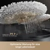 A close-up of a mop head being cleaned with water, with text overlays highlighting cleaning performance and maintenance. Produktbild-Vorschau