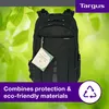 A black Targus backpack is shown against a blurred green leafy background. Náhľad obrázku produktu