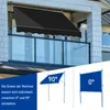 A balcony awning is shown extended, with diagrams illustrating its adjustable angles. Náhľad obrázku produktu