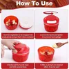 A four-panel instructional image showing how to use a manual food chopper. Produktbild-Vorschau