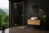 A modern bathroom with a shower cabin, vanity, and a large window overlooking a forest. Produktbild-Vorschau