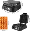 A collage of images showing a waffle maker, a waffle, and dimensions of the waffle maker. Náhľad obrázku produktu