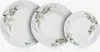 Three plates of varying sizes are arranged diagonally on a white background. Each plate has a delicate floral or leaf pattern in green and blue hues. Náhled obrázku produktu