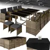 A rattan outdoor furniture set including a table, chairs, and ottomans, with a protective cover shown separately.