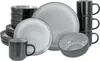 A collection of stoneware dinnerware, including plates, bowls, and mugs, arranged on a white background. Produktbild-Vorschau