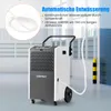 A commercial dehumidifier is shown in a room with a drainage hose connected. Produktbild-Vorschau