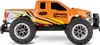 A side view of an orange Ford F-150 Raptor remote-controlled truck with racing stripes. Voir les images du produit