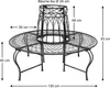 A metal round bench with a tree ring in the center, showing dimensions. Náhled obrázku produktu