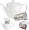 A white porcelain teapot with a removable infuser and lid, shown with its packaging and a separate close-up view of the teapot with the infuser inserted. Podgląd zdjęcia produktu