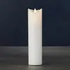 A white LED candle with a flickering flame sits on a dark surface against a dark blue background. Produktbild-Vorschau