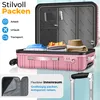An open pink suitcase filled with clothes and accessories, with text overlays highlighting features and use cases. Produktbild-Vorschau